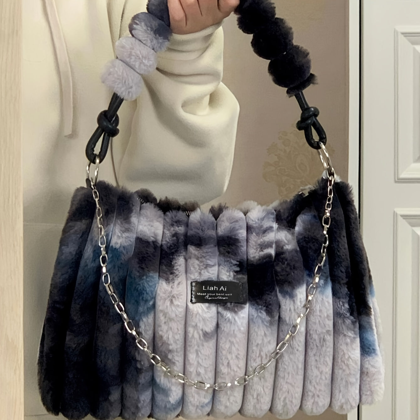 Chic Tie-Dye Plush Shoulder Bag for Women - Spacious & Stylish with Secure Zip Closure, Canvas Lined