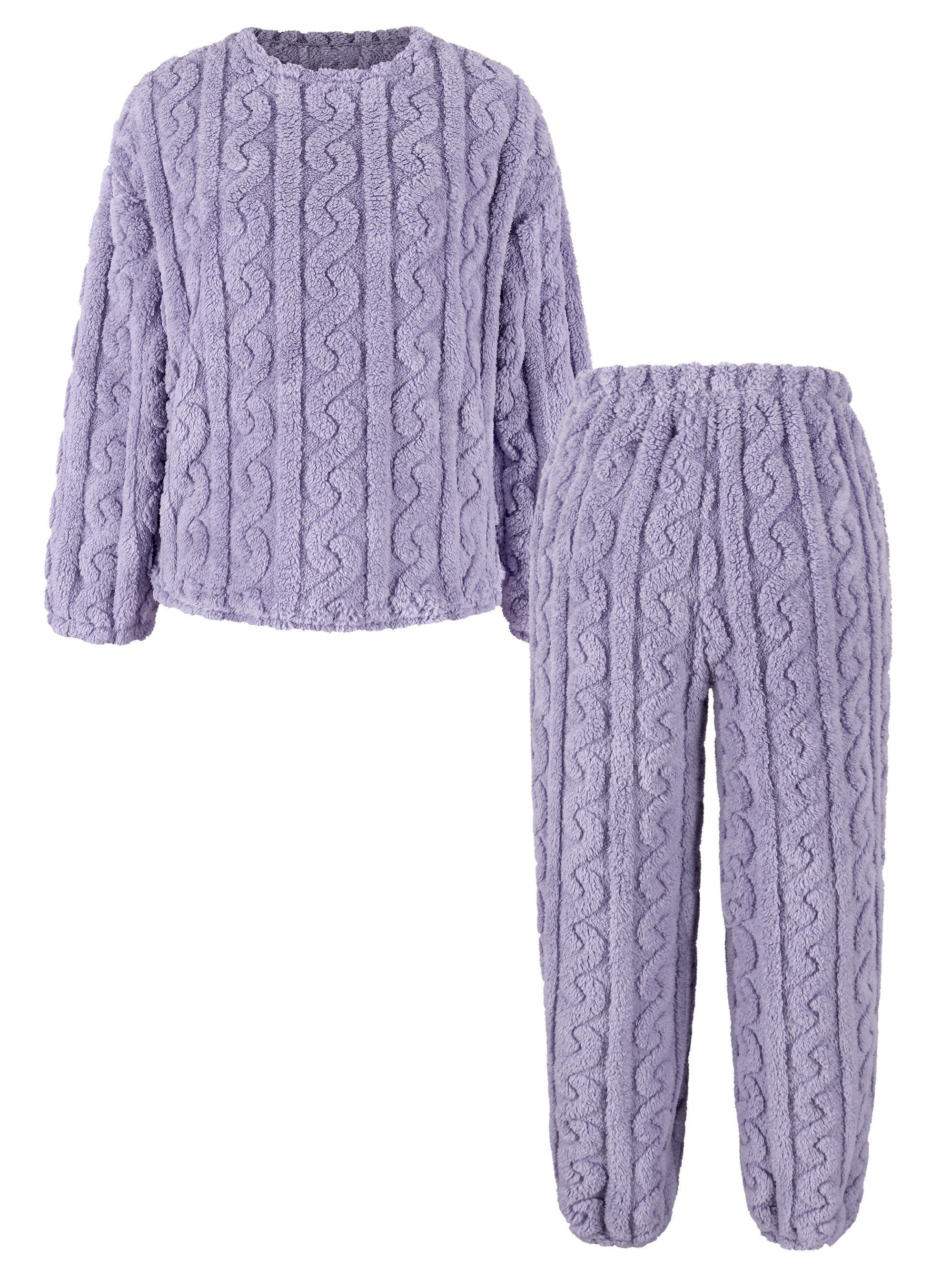 2 Pcs Solid Color Textured Teddy Top & Pants Outfit, Long Sleeve Crew Neck Top & Elastic Waist Jogger Pants, Women's Clothing