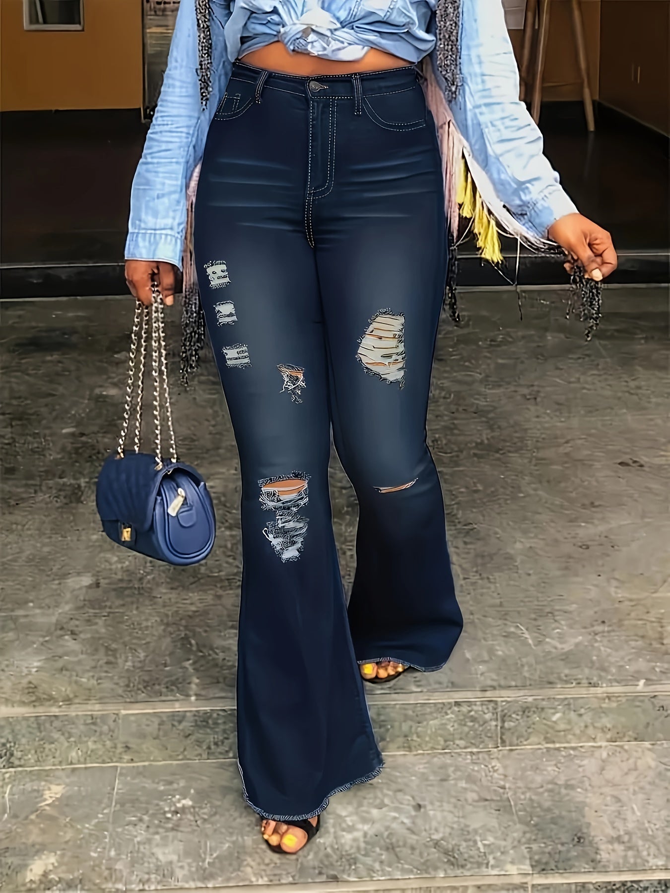 Vegan High Stretch Skinny Jeans, Slim Casual Jeans, Women'S Jeans And Clothing, Elastic Waist Flare Hole Rough Side Plus Size Jeans, Hip Lifting Comfortable Women'S Pants