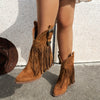 Chic Women's Mid-Calf Western Cowboy Boots with Tassel & Studded Details, Pointed Toe, Chunky Heel - Slip-On Casual Style