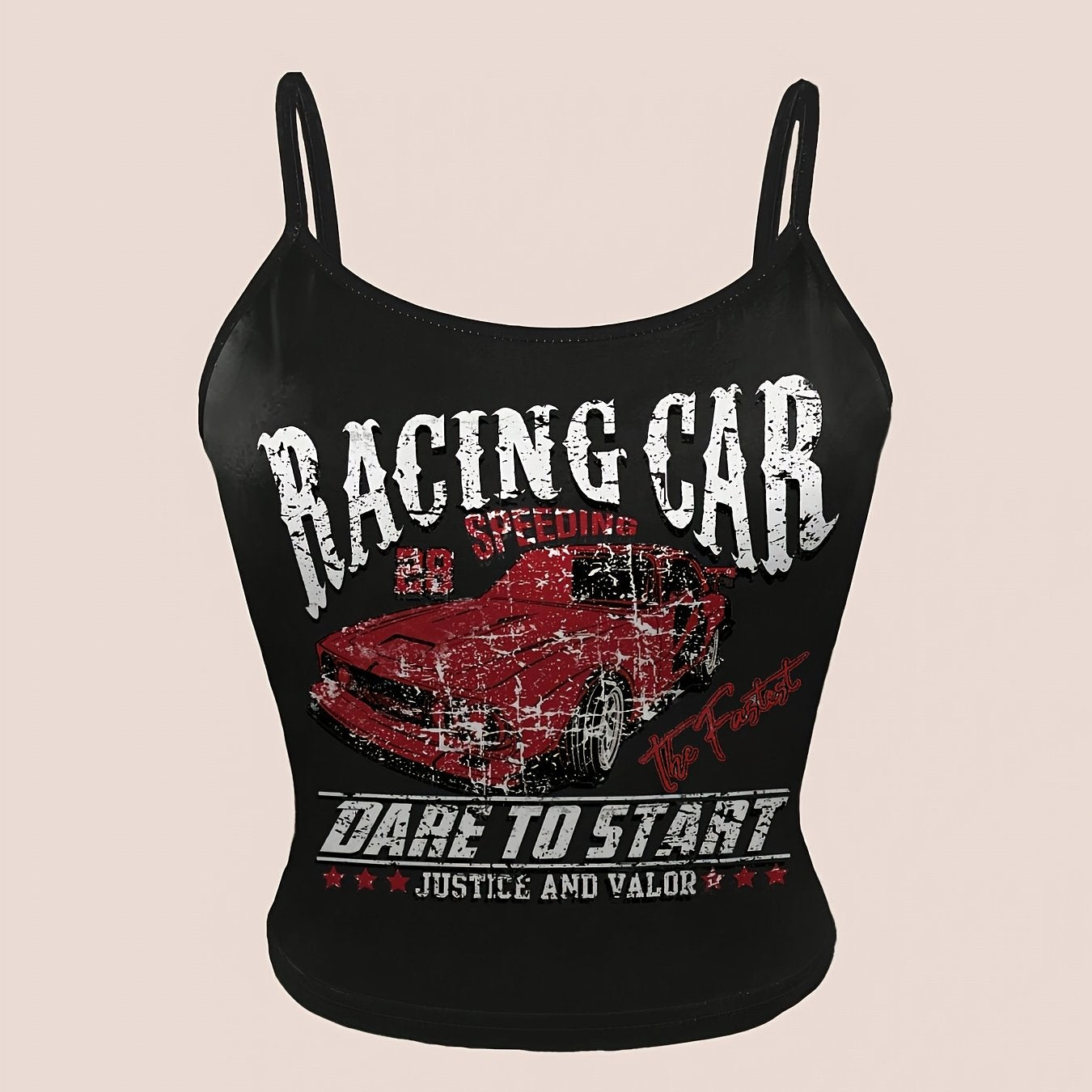 Y2K Style Racing Car Print Crop Top, Sleeveless Spaghetti Strap Tank Top for Women, Summer Letter & Symbol Design, Fashionable & Trendy, No Underwire, Y2K Fashion