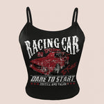 Y2K Style Racing Car Print Crop Top, Sleeveless Spaghetti Strap Tank Top for Women, Summer Letter & Symbol Design, Fashionable & Trendy, No Underwire, Y2K Fashion