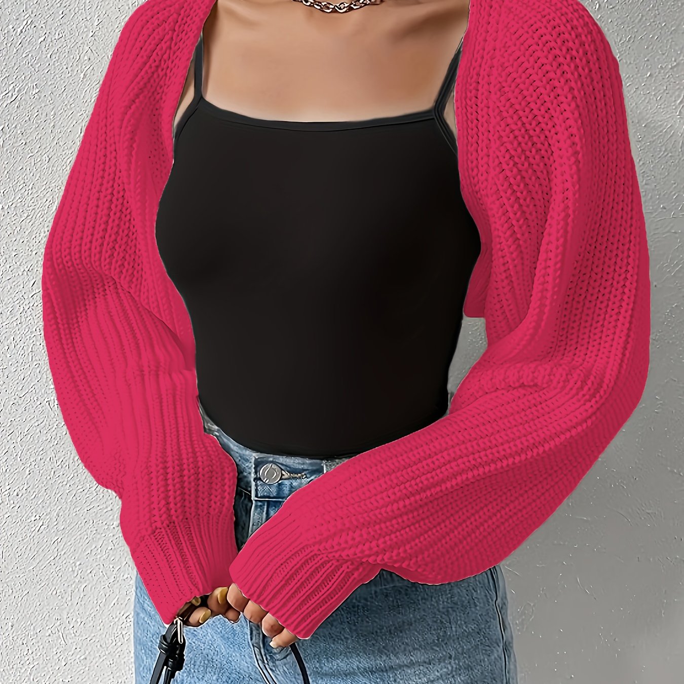 Vibrant Solid Color Crop Knitted Cardigan - Soft, Cozy, Long Sleeve, Drop Shoulder, Open Front Design - Perfect for Spring & Fall, Women's Casual Clothing