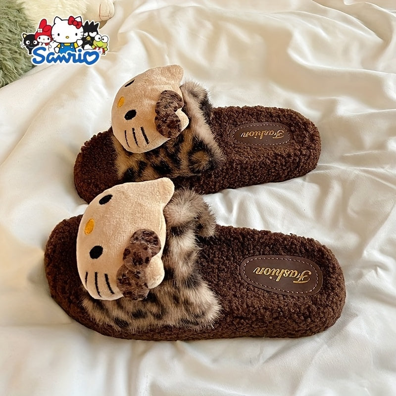 Cozy Hello Kitty Plush Leopard Print Slippers - Non-Slip Soft Sole, Lightweight & Washable, Perfect for Home & Camping, Cute Cartoon Design with Fluffy White Trim, Cozy Indoor Shoes | Playful Bedroom Shoes | PVC Sole Slippers