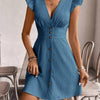 Women'S Solid Color V-Neck Single-Breasted Flutter Sleeve A-Line Dress