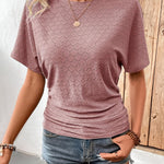 Women's Elegant Solid Color Blouse with Casual Textured Batwing Sleeves - Lightweight Polyester, Ruched Detail, Perfect for Spring/Summer
