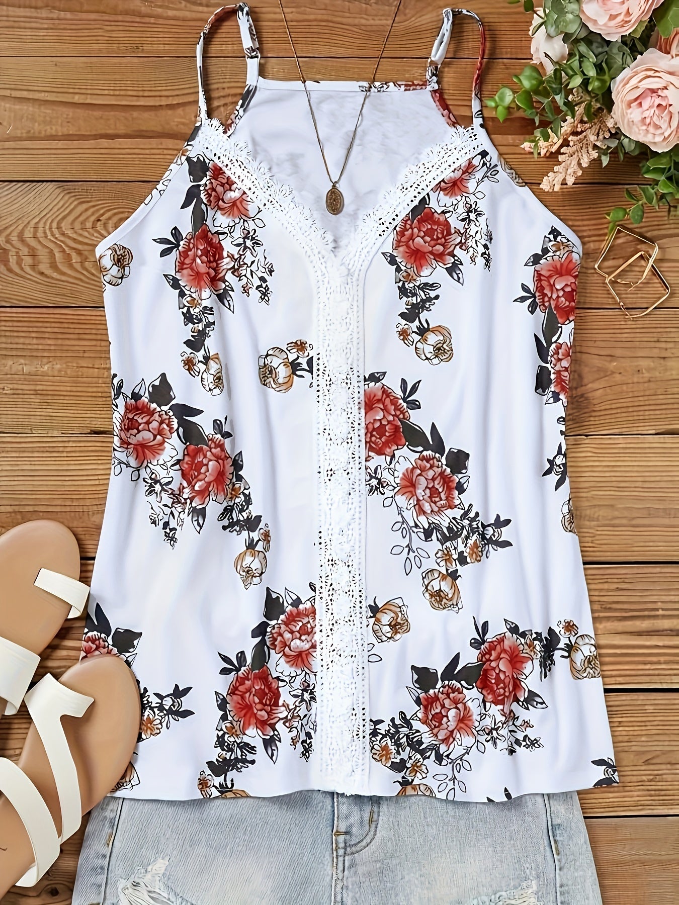 Women's Floral Print Lace Trim Sleeveless V-Neck Tank Top - Summer Casual Sexy Contrast Design, Breathable Machine-Washable Regular Fit for Beach Outings & Casual Wear, Ladies Tank Tops, Delicate Fabric Detail
