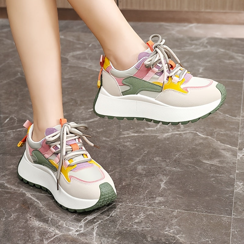 YTMLDY Women'S Fashion Sneakers - Colorful Striped Low Top Lace-Up Shoes with Thick PVC Sole, Breathable Fabric Lining, and Durable Outsole for All-Day Comfort, Casual Sneakers|Vibrant Pattern Shoes|Flexible PVC Sole