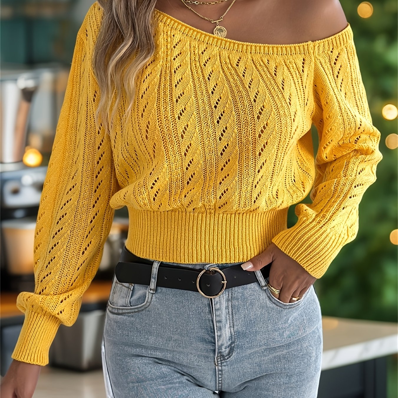 Chic Women's Off-Shoulder Long Sleeve Sweater - Casual Cut-Out Crop Top, Acrylic Knit, Perfect for Fall/Winter, Available in Pink and Black