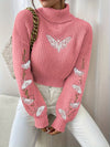 Winter Warmth] Elegant Pink Butterfly Sweater for Women - Cozy Turtleneck, Long Sleeve, 100% Polyester Knit Pullover, Casual Style, Perfect for Fall/Winter