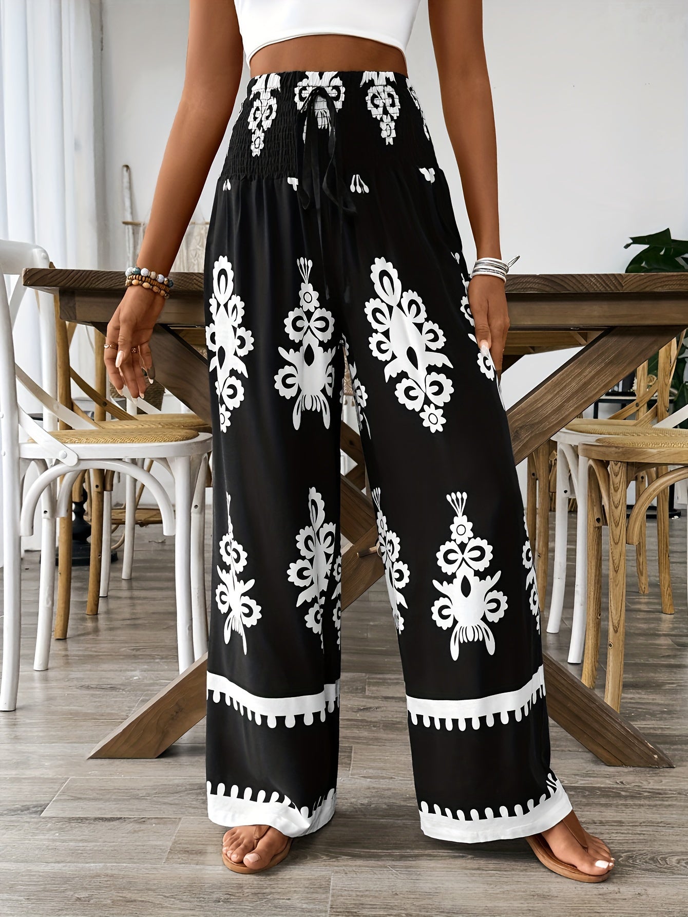 Women's Navy & White Floral Print Wide-Leg Pants with Elastic Waist Drawstring & Smocking Detail - Machine Washable All-Season Elegant Casual Trousers for Women, Comfortable Fashion, Smooth Texture Fabric