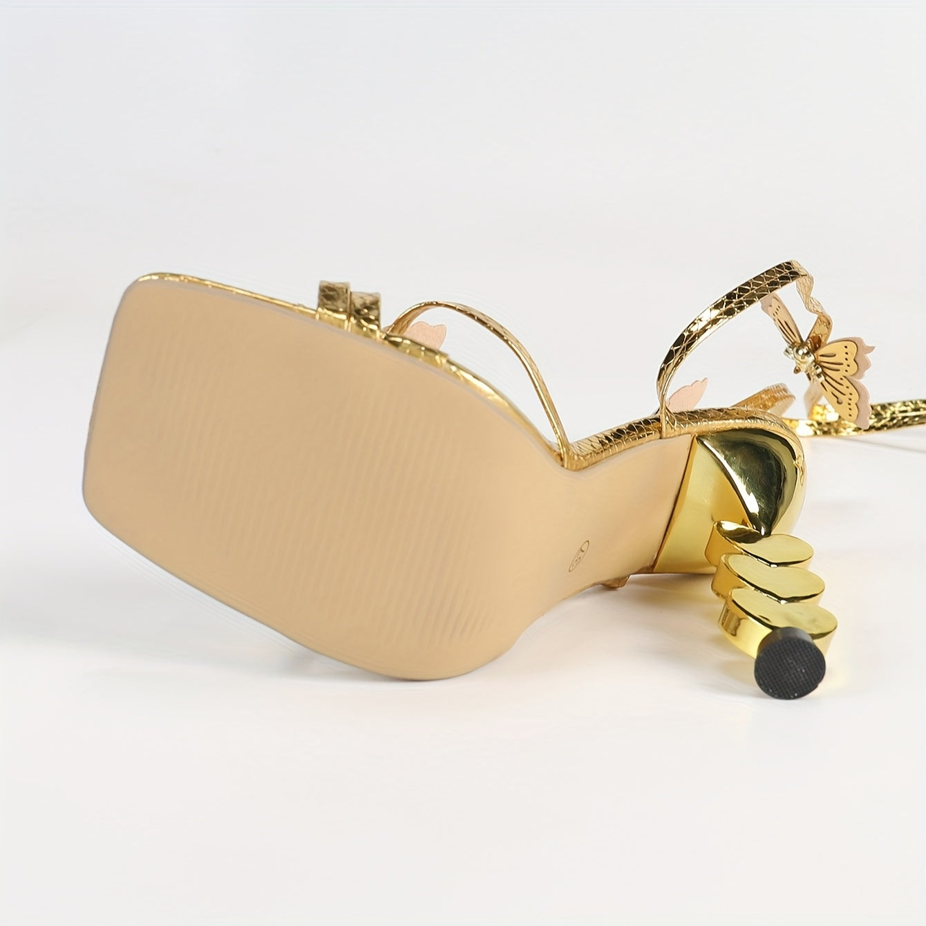 Women's Metallic Golden Ankle Wrap High Heel Sandals with Butterfly & Bow Accents, Heart-Shaped Heel for Evening Parties/Wedding Prom Dress Shoes