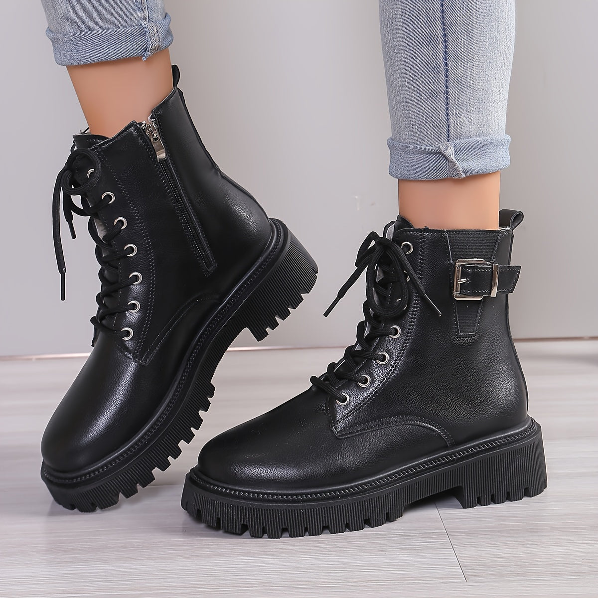 Women'S Fashion Ankle Booties - Mid Heel Platform Boots, Solid Color, Round Toe, Zipper Closure, Man-Made Upper, Fabric Inner & Insole, PU Sole, with Belt Buckle Detail