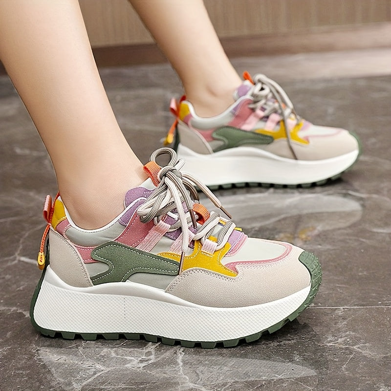 YTMLDY Women'S Fashion Sneakers - Colorful Striped Low Top Lace-Up Shoes with Thick PVC Sole, Breathable Fabric Lining, and Durable Outsole for All-Day Comfort, Casual Sneakers|Vibrant Pattern Shoes|Flexible PVC Sole