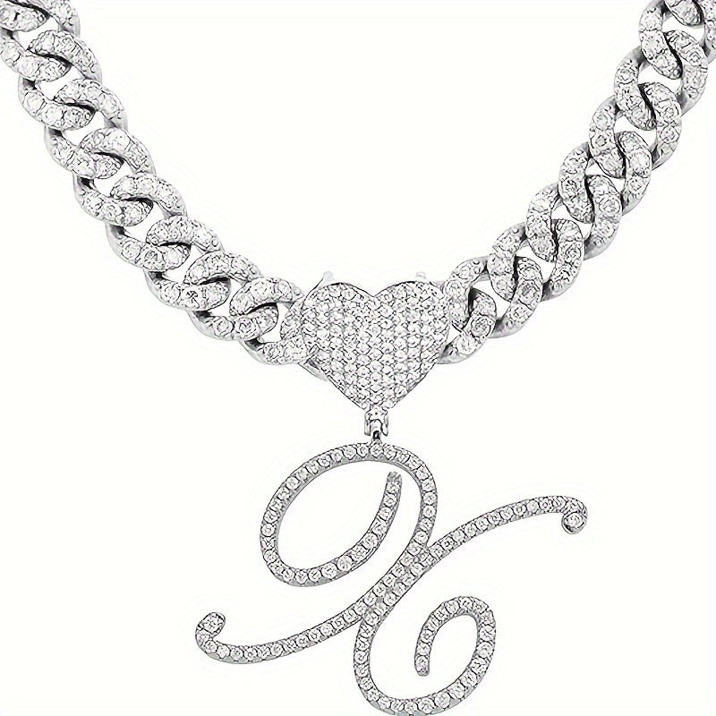 Silvery Cuban Link Necklace - Heart-shaped Alphabet Pendant on Ice Chain - Unisex Hip-hop Jewelry Gift