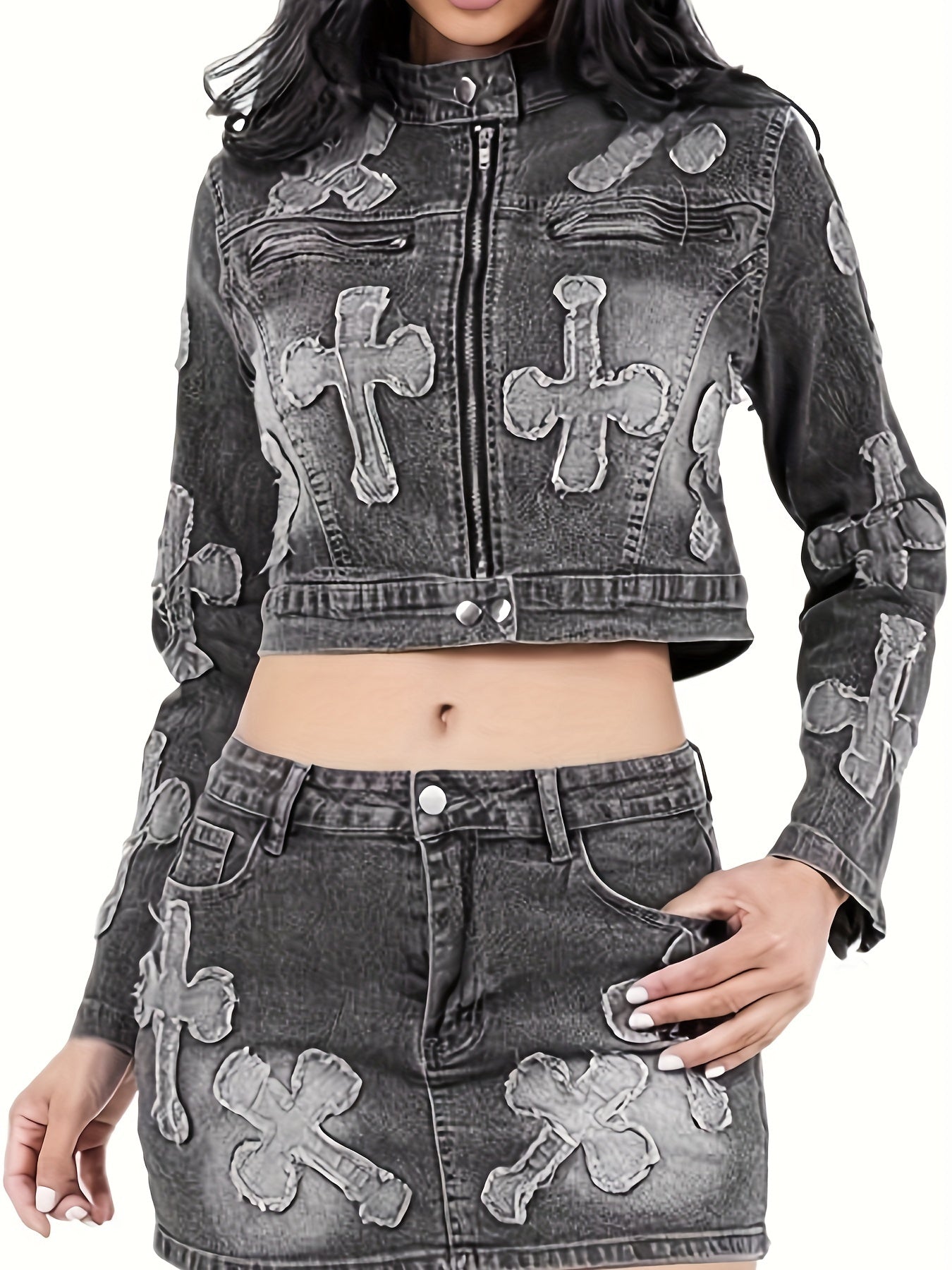 Skirt Sets Women 2pcs Outfits Denim Long Sleeve Full Zip Embroidery Crop Jean Jacket Mini Skirt Set