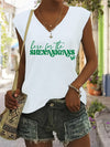 Women's St. Patrick's Day "Here for the SHENANIGANS" Monogram Print V-Neck Vest - Lightweight Stretchy Sleeveless Casual Top, Machine Washable Spring & Summer Green Letter Design, Festive Holiday Apparel, Medium Elasticity Fa