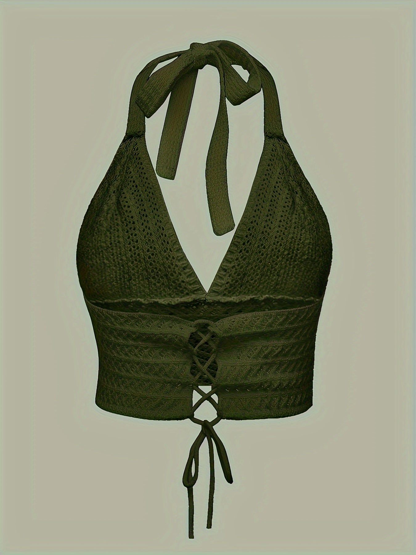 Solid Cross Tie Back Halter Top, Versatile V-neck Backless Crop Knitted Top, Women's Clothing