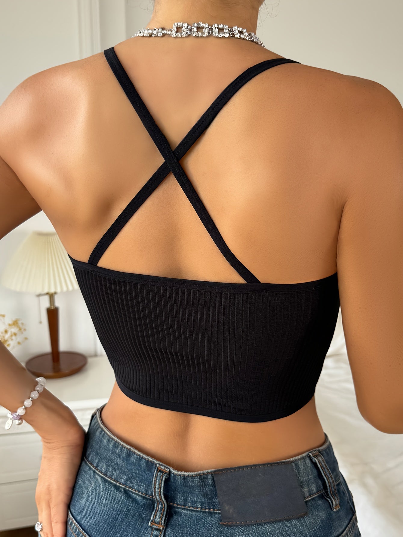 Women'S Sexy Spaghetti Strap Bralette - Soft, Breathable Mesh Panel, Black Ribbed Knit Crop Top with Vertical Stripe Detail, Elegant & Comfortable Lingerie for Adults, Spaghetti Bralette