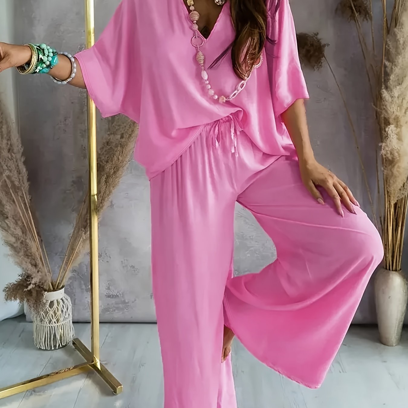 Women's Casual Solid Color Pants Set – Half Sleeve V-Neck Top & Wide Leg Pants, Lightweight Knit Outfit for Spring & Summer