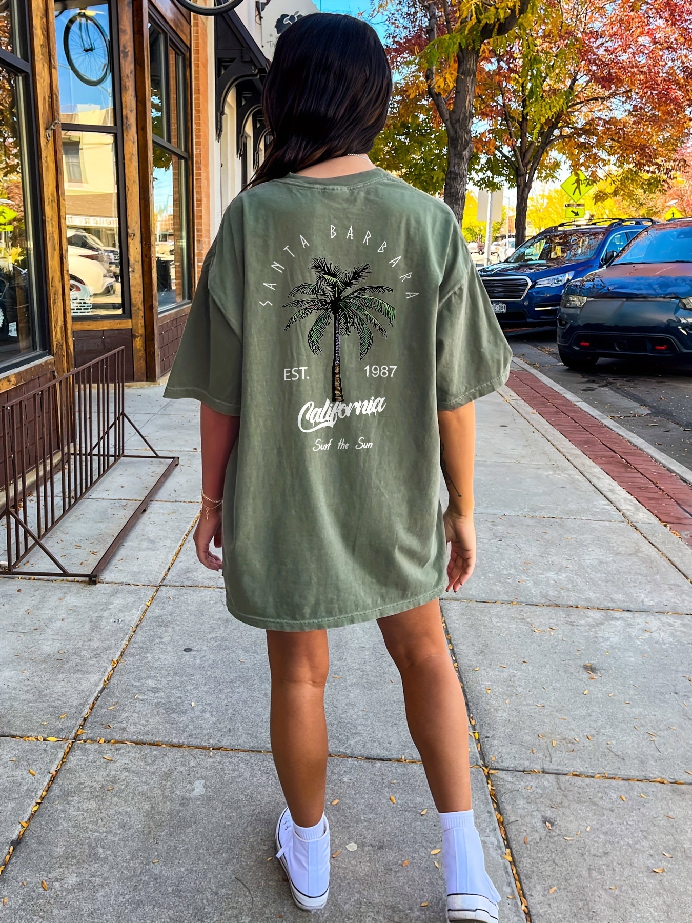 Letter & Coconut Tree Print Crew Neck Tee Dress, Casual Short Sleeve Dress For Spring & Summer, Women's Clothing