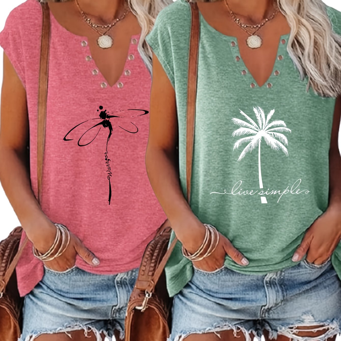European & American Fashion Two-Piece Set – Printed V-Neck Button Vest & Matching Casual Bottoms, Lightweight Polyester-Rayon Blend