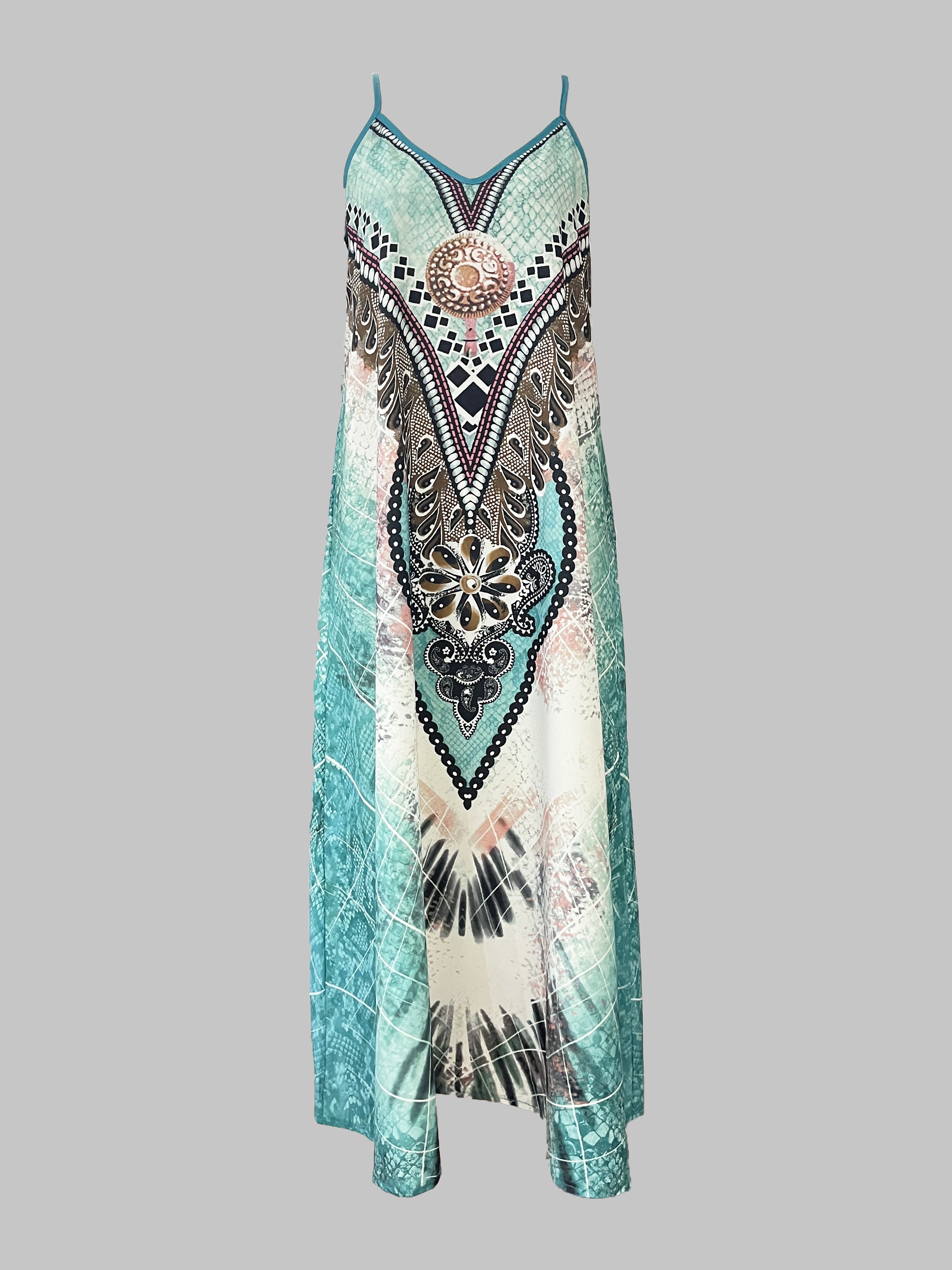Women's Boho-Chic Two-Piece Ensemble - Long Sleeve Kimono Top & V Neck Cami Maxidress with Exotic Graphics, Perfect for Diverse Occasions