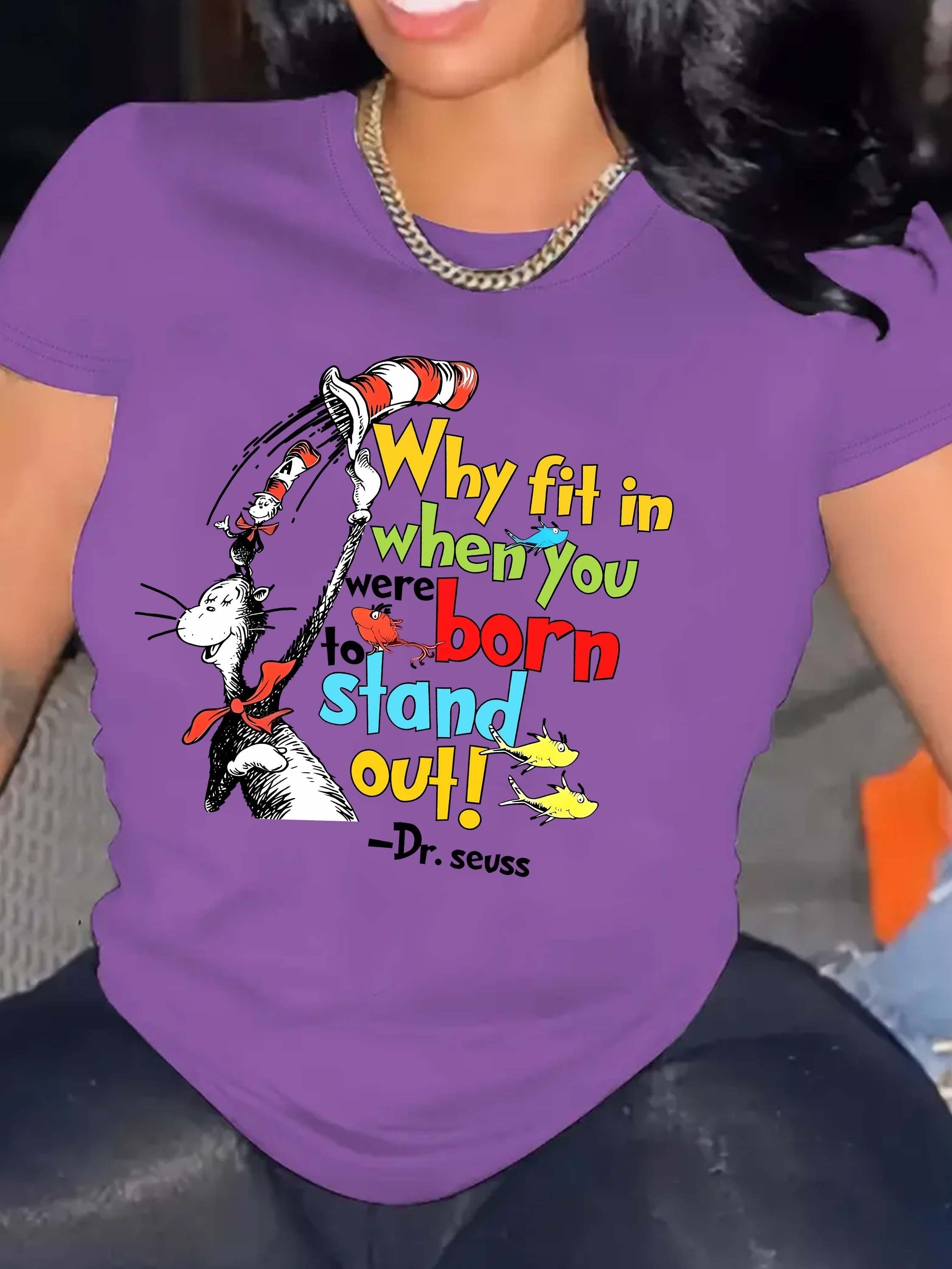 Women's Red Cartoon Graphic T-Shirt - "Why Fit In When You Were Born to Stand Out!" Dr. Seuss Quote, Casual Short Sleeve Crew Neck Top, Perfect for Spring & Summer