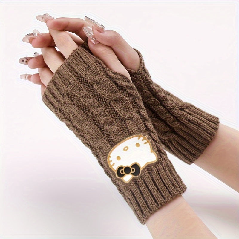1pc of Sanrio Hello Kitty Cartoon Fashion Pvc Soft Rubber Big Head Decoration Autumn And Winter Leisure Knitting Open Finger Cuff Linen Pattern Short Gloves for Women to Work Cycling Interlocking Warm Wrist Gloves for Women C