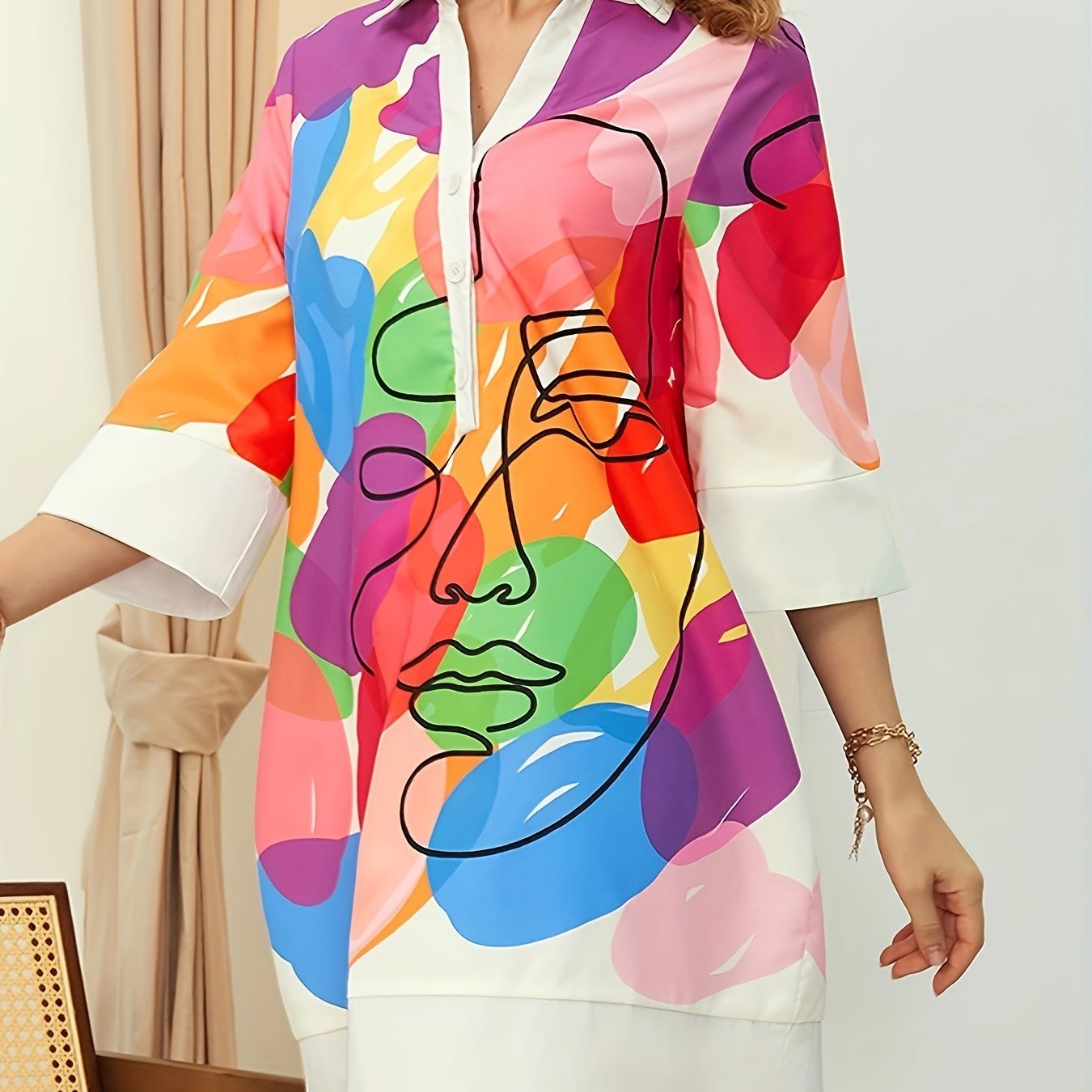 [Allseason Comfort] Vibrant Abstract Face Art Shirt Dress - Elegant Polyester Blend, Machine Washable, No-See-Through, All-Season Wear with Colorful Portrait Design and Collared Neckline for Women