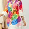 [Allseason Comfort] Vibrant Abstract Face Art Shirt Dress - Elegant Polyester Blend, Machine Washable, No-See-Through, All-Season Wear with Colorful Portrait Design and Collared Neckline for Women