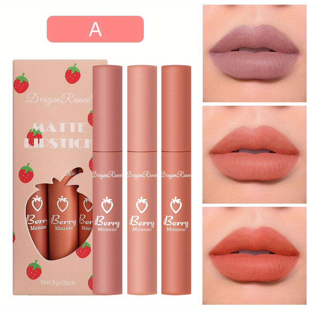3-Color Velvet Matte Liquid Lipstick Set – Long-Lasting, Lightweight, Non-Stick Lip Color with Soft Finish, Perfect Valentine's Day Gift