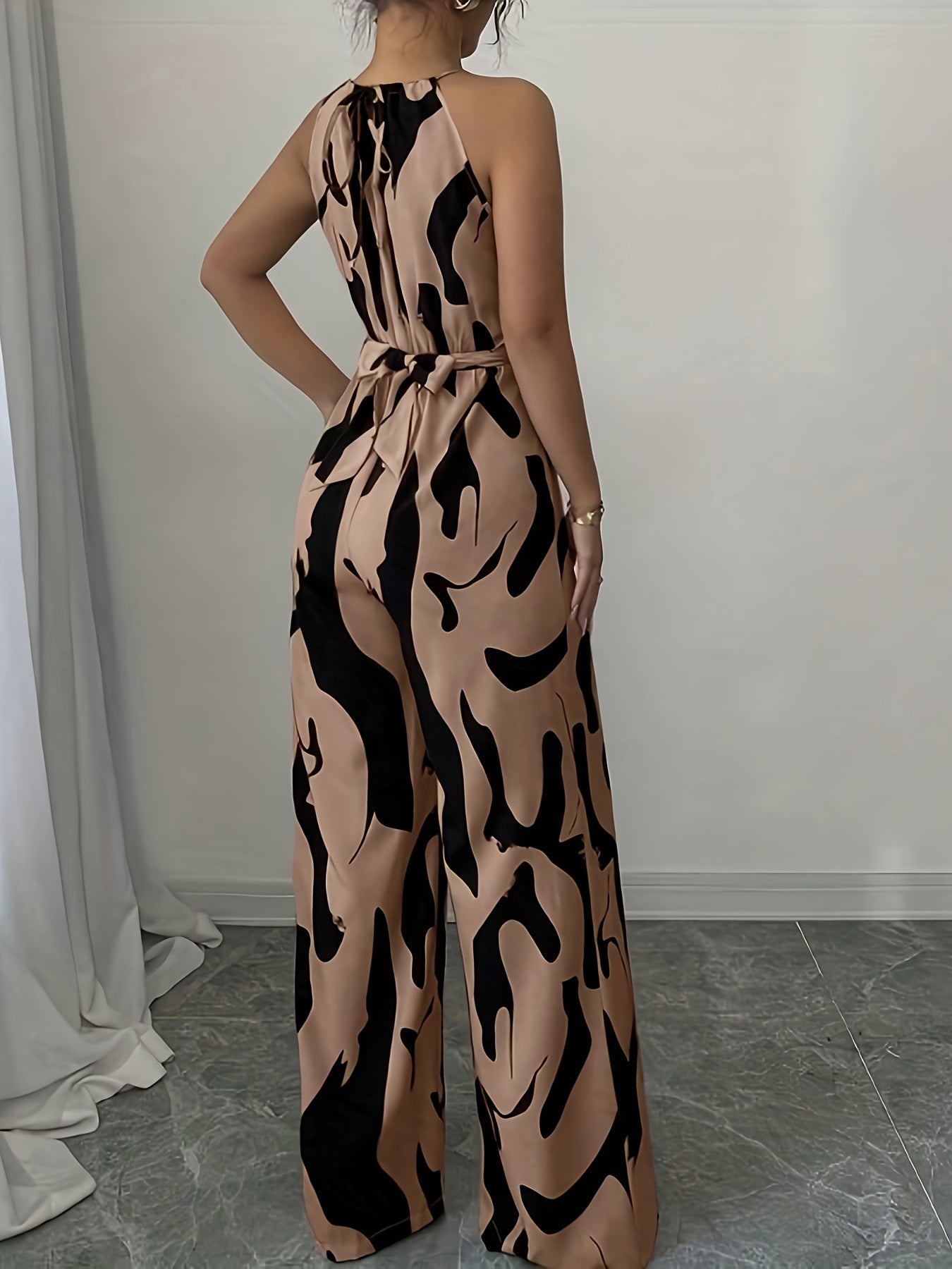 Women's Elegant Off-Shoulder Print Jumpsuit with Wide Legs and Tie Waist - Black & White Abstract Pattern, Polyester Fabric, Perfect for Vacation and Everyday Chic