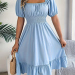1pc Women'S Elegant Square Neck Short Sleeve A-Line Dress with Ruffle Detail, Polyester Woven Fabric, Solid Color, Spring/Summer/Autumn Collection