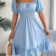 1pc Women'S Elegant Square Neck Short Sleeve A-Line Dress with Ruffle Detail, Polyester Woven Fabric, Solid Color, Spring/Summer/Autumn Collection