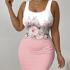 Women's Floral Print Sleeveless Bodycon Dress, Polyester Knit Fabric with Elastane, Crew Neck, Casual Style for Spring/Summer
