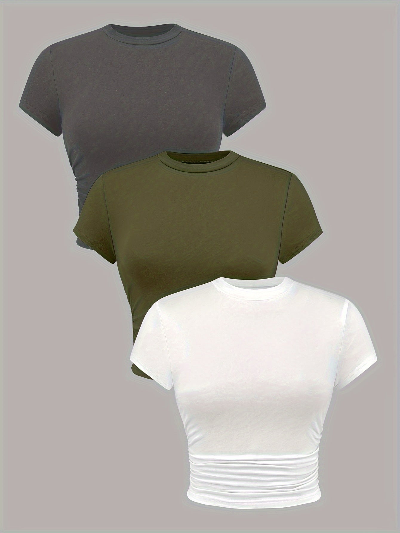 Solid Side Ruched T-shirt 3 Pack, Casual Crew Neck Short Sleeve T-shirt For Spring & Summer, Women's Clothing