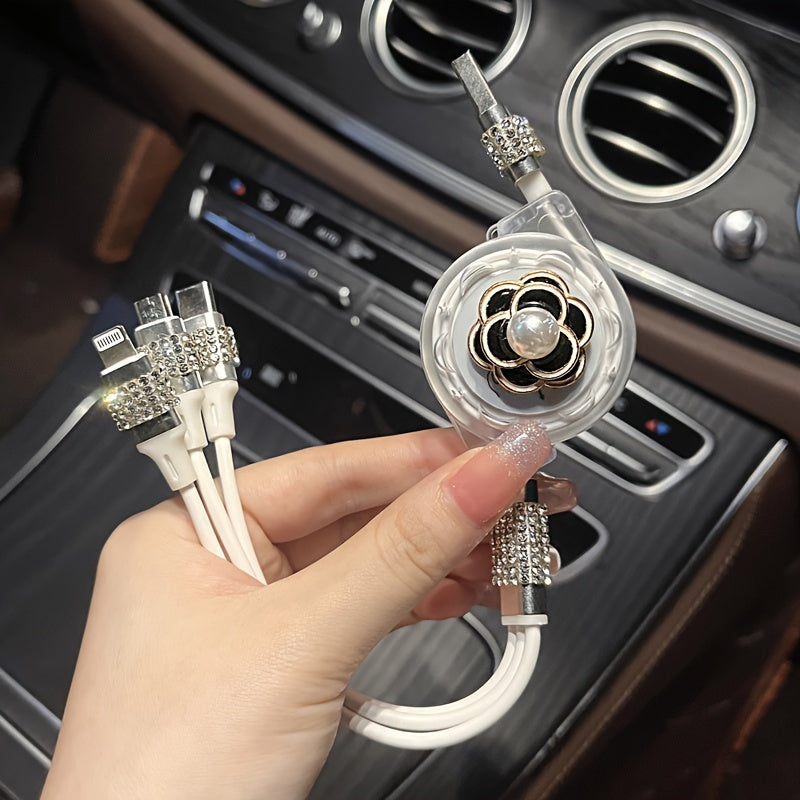 [3-in-1 Fashion USB Charging Cable] 1pc Durcord 3-in-1 Fashion USB Charging Cable, Rhinestone Embellished, Compatible with iPhone 16/15/14/13/12/11, Vivo, Oppo, Xiaomi, Huawei - Trendy Street Style Data Cord without Battery