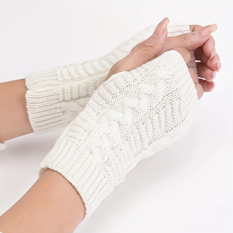 Women'S Cable Knit Fingerless Mittens, Polyester, Solid Color, Elastic, Non-Feathered, with Hand Washable, for Outdoor Warmth, Fashionable Winter Hand Warmers