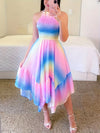 Elegant Gradient Color Women's Dress - Sleeveless Halter Neck with Ruffled Hem, Lightweight Polyester for Spring/Summer, Pastel Pink to Blue Ombre Design, Formal Summer Dress | Flared Skirt | Polyester Fabric