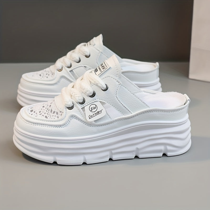 Comfortable Breathable Women's Platform Mule Sneakers, Casual Cutout Design Lace Up Summer Shoes