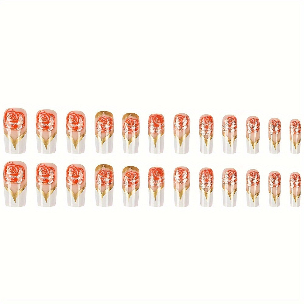 48pcs Bright Ballet Wind Pressure Acrylic Nails, Pink Flowers And Golden Stripe Design-Reusable, Ladies' Shiny Fake Nails Is Suitable As a Beautiful Gift for Each Other on Valentine'S Day.