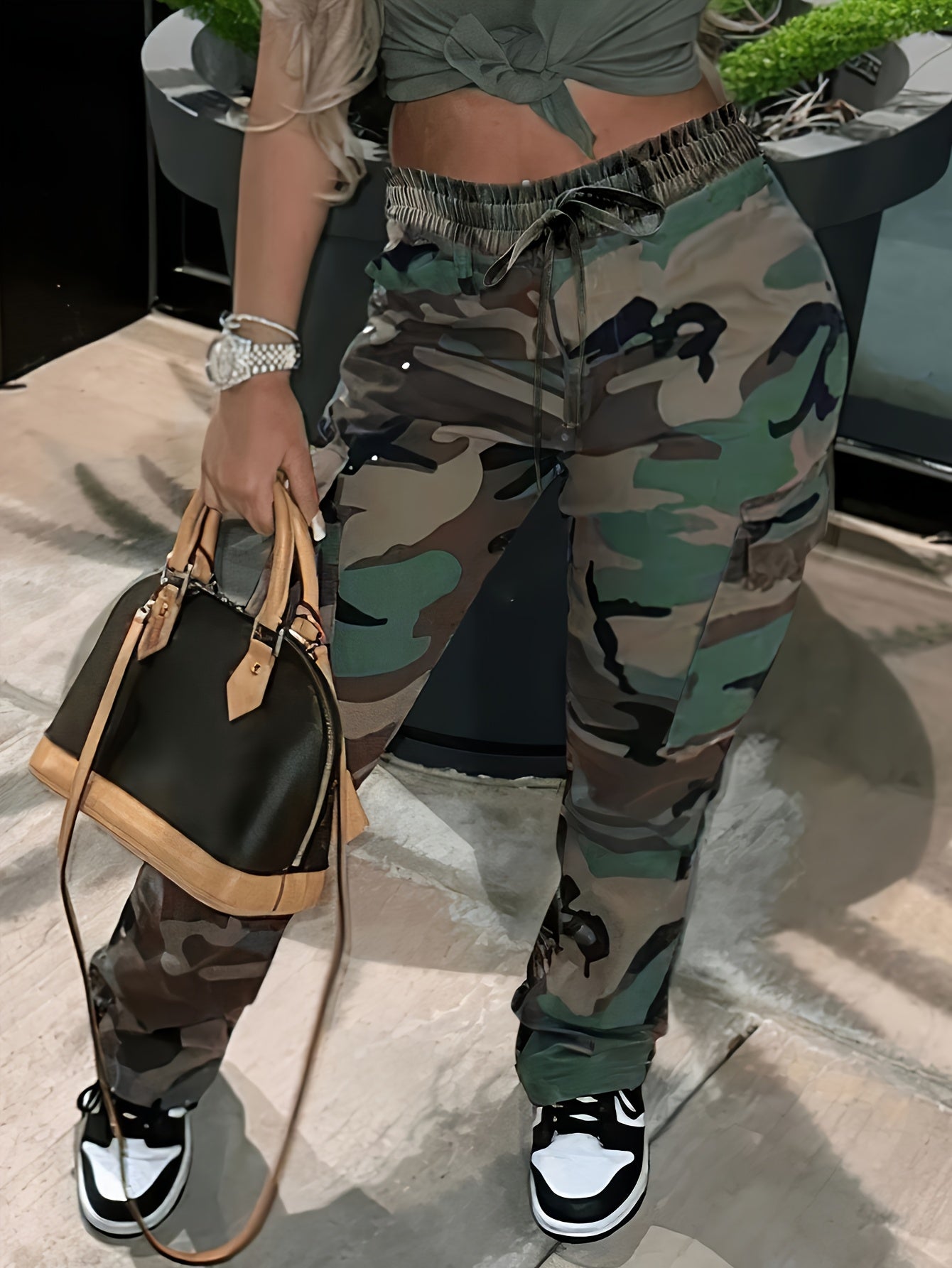 High-Waist Camo Cargo Pants for Women - Stylish Straight-Leg Design with Drawstring Waist, Perfect for Casual Outings