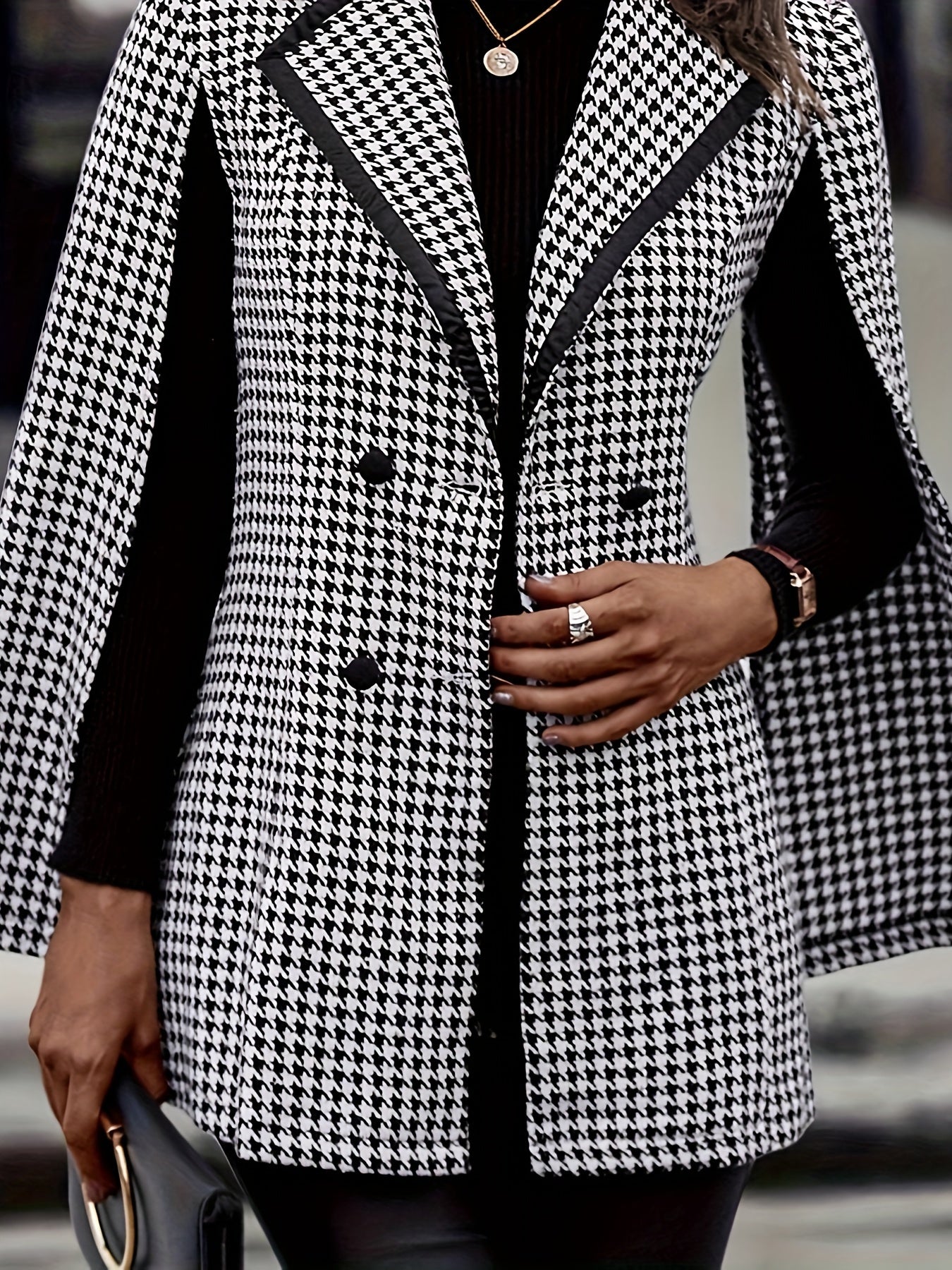 Houndstooth Print Double-breasted Blazer - Elegant Cape Sleeve Lapel Blazer - Polyester Blend - For Women - Suitable for Office & Work - Perfect Gift for Business Professionals