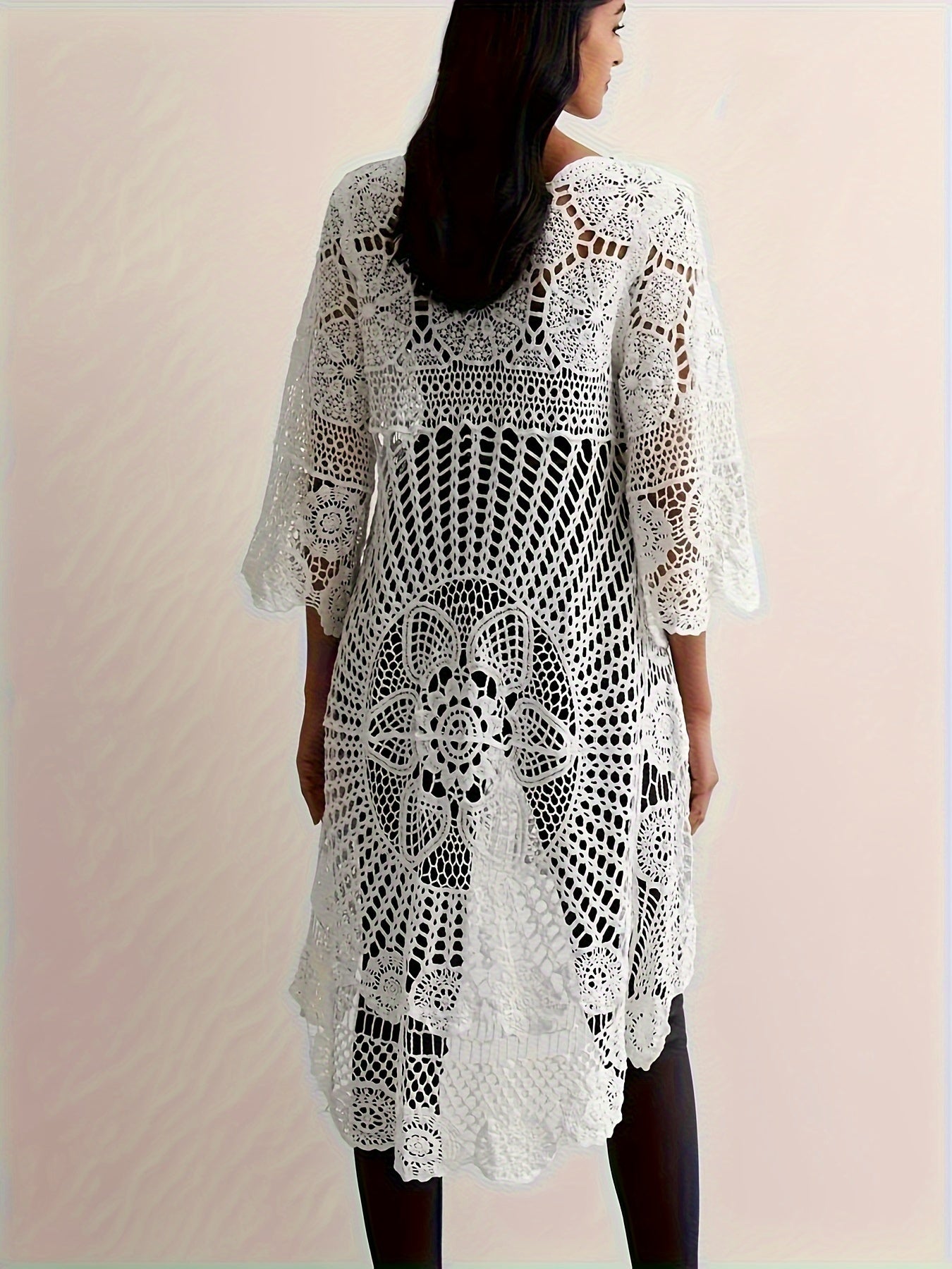 Women's Elegant Crochet Floral Pattern Cover-Up, Bohemian Style Long Sleeve Round Neck High-Low Hem Beach Tunic, Swimwear And Resort Wear For Women