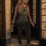 [Rhinestone-Embellished Mesh Jumpsuit] Semi-Sheer Stretchy Polyester Blend Elegant Women's Rhinestone-Embellished Long Sleeve Mesh Jumpsuit - Crew Neck, Perfect for Parties & Dinners