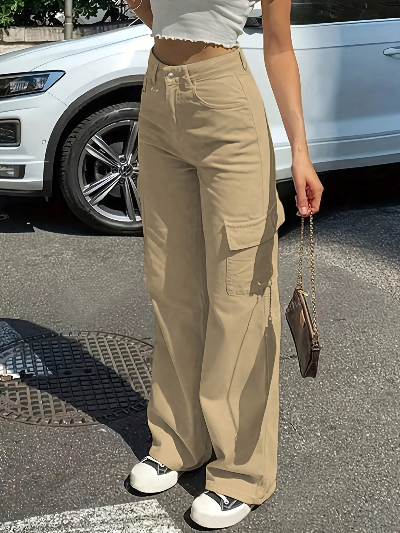 Women'S Casual Solid Cargo Pants, Polyester High Waist Wide Leg Pants with Pocket, All-Season Woven Fabric, 150g/㎡ Weight