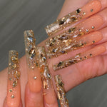 Luxury 10pcs Set Handmade Champagne Golden Full-Coverage Rhinestone Extra-Long Press-On Nails | Party & Salon Accessories | Festive Gift for Women | Golden Glam Art Nails with Ultra-Sparkling Hand-Set Crystals