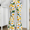 Women'S Elegant Floral Print Flare Jeans - White with Yellow and Green Daisy Design, Polyester Knit Fabric, All-Season Comfort, Casual Wear Jeans|Floral Print Jeans|Polyester Fabric
