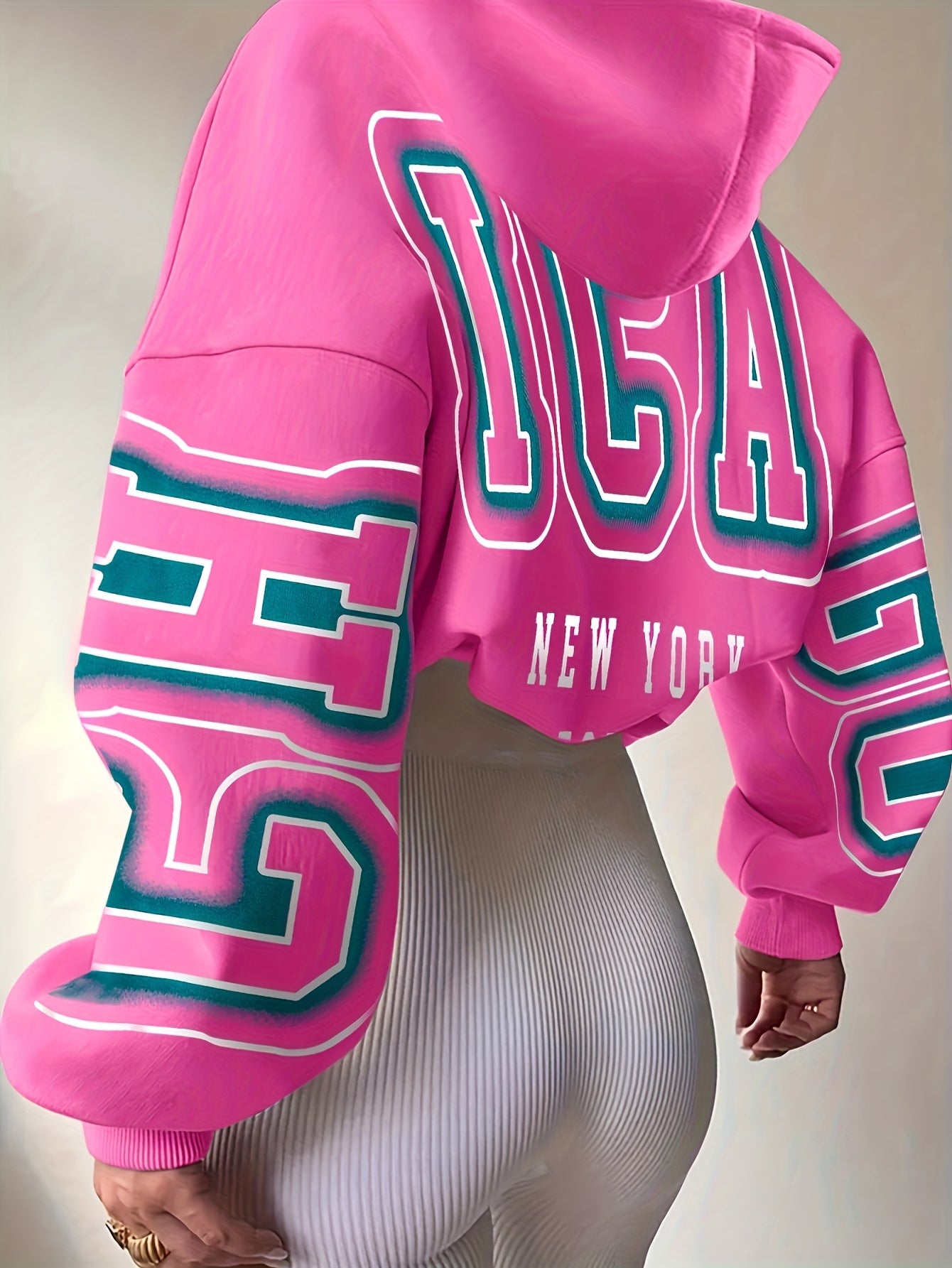 Spechir Chic Black Hoodie with Pink & White NYC Letter Design - Casual Polyester Blend, Long Sleeve, Machine Washable - Stylish Women's Fashion for Spring/Fall, Urban Fashion|Youthful Style|Knit Construction, Oversized Hoodie
